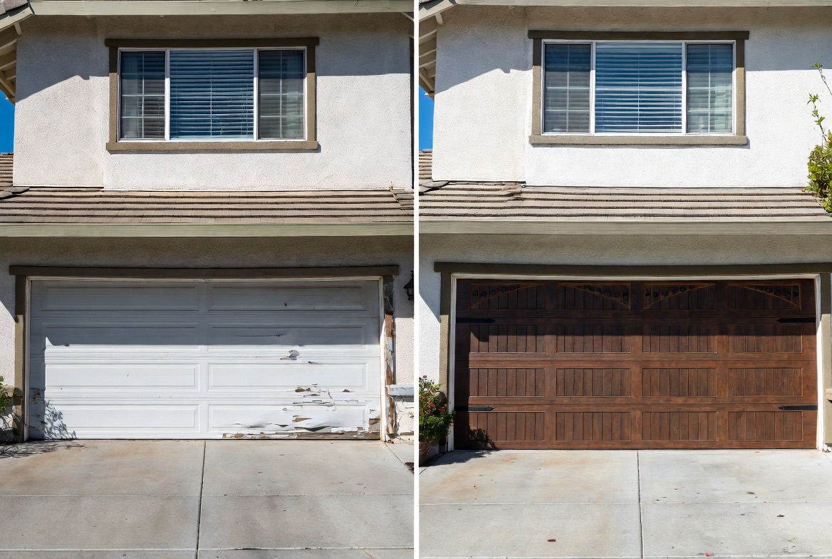 Before and after full-view glass garage door on a Burlingame Hills estate near Hillsborough